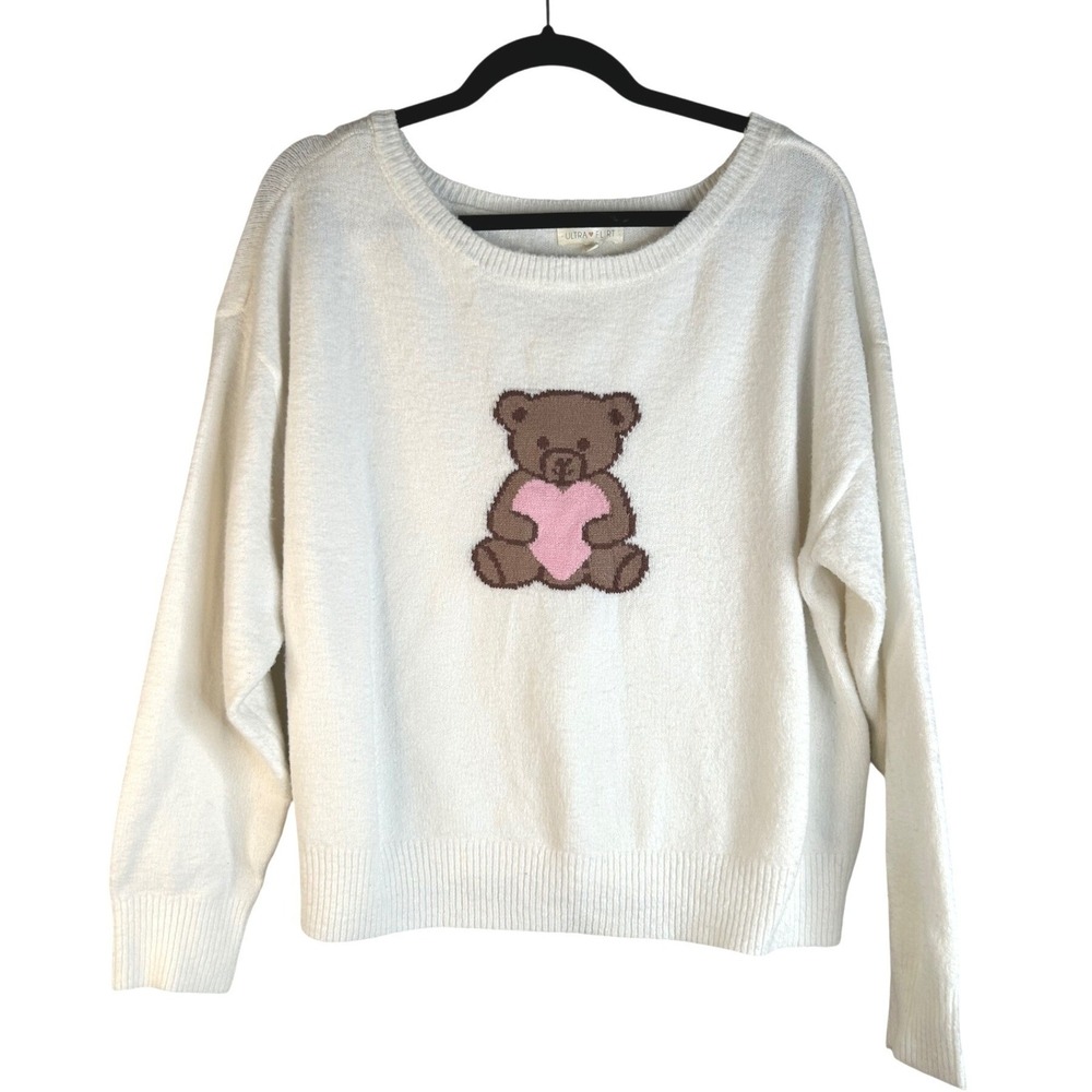 Ultra Flirt Women's White Teddy Bear Heart Graphic Knit Sweater Size Large New!